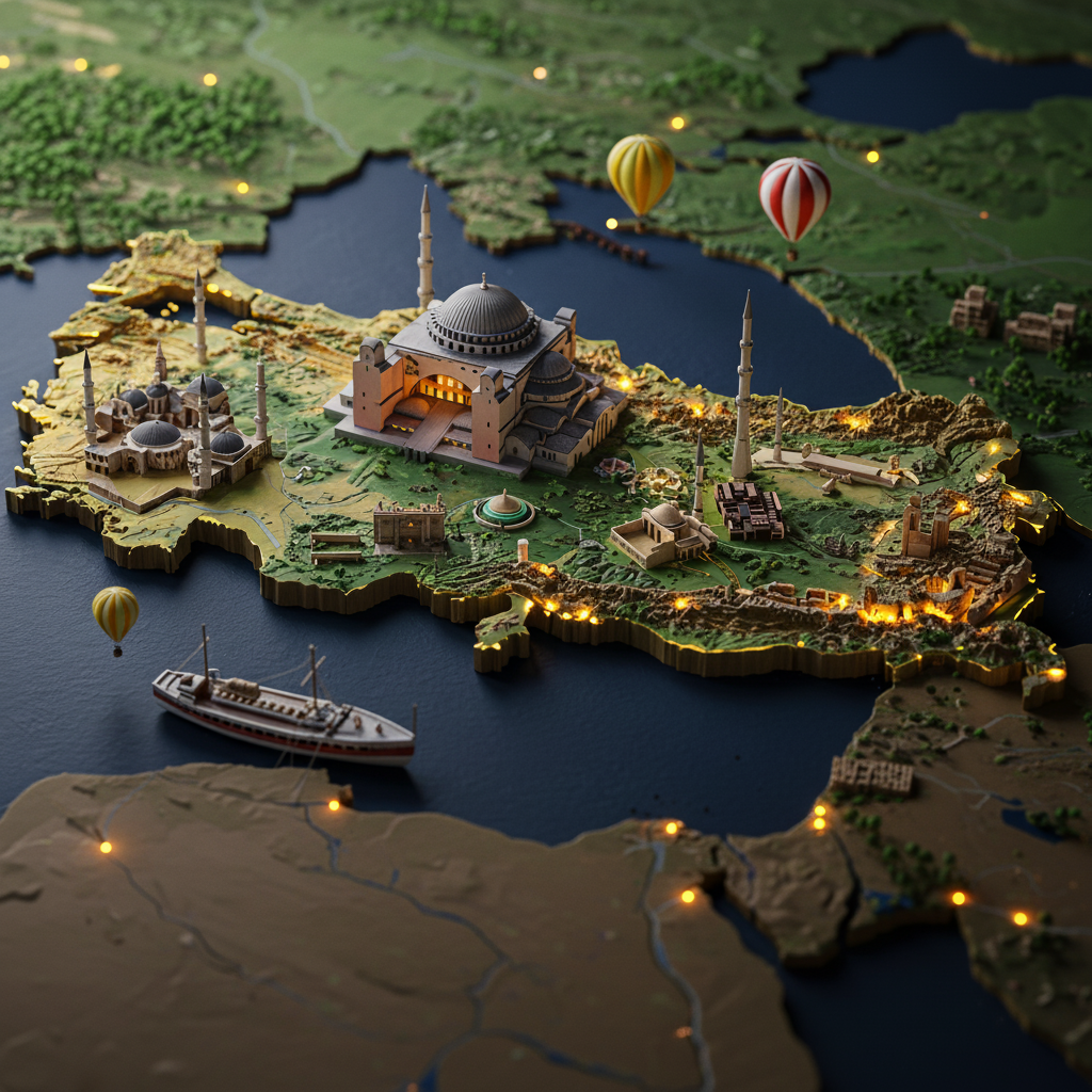 A stylized 3D map of Turkey showing various landmarks.